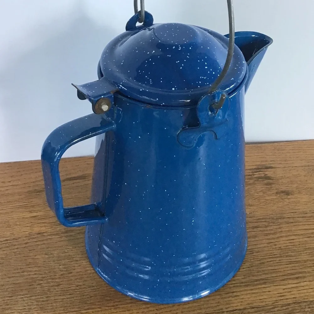 Vintage Blue Speckled Enamel Coffee Pot Kettle Camping Rustic Farmhouse